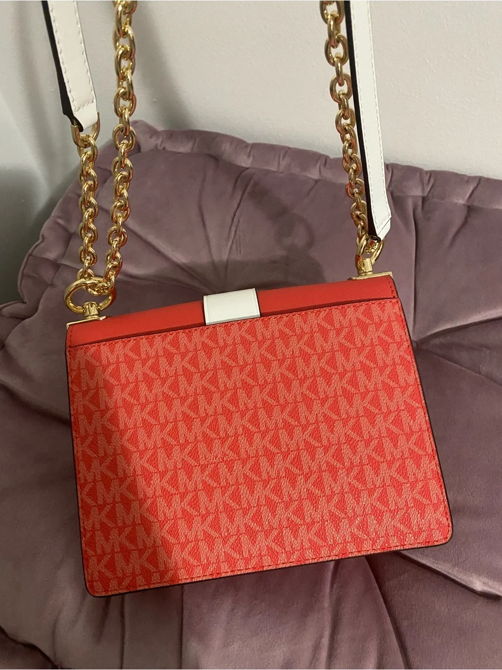 Michael Kors Red and White Chain Strap Shoulder Bag with Gold Logo